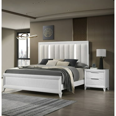 3Pc White Finish King Size Bedroom Set LED Light HB Bed 2x Nightstand Wooden Bedroom Furniture