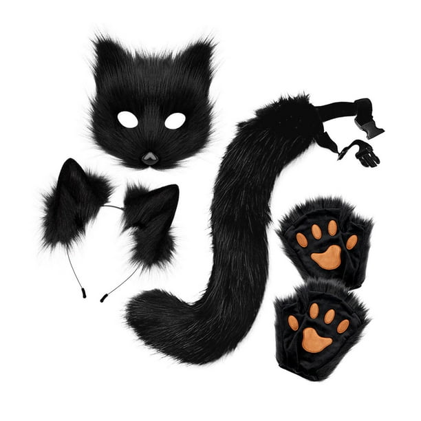 Conjunto de máscara y cola para mujer y niña, aro para el pelo, disfraz de Halloween, máscara de gato Negro