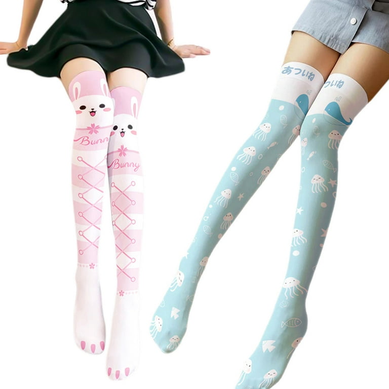 HESITONE Japanese Style Women Lolita Kawaii Thigh High Stockings Harajuku  Cute Cartoon Rabbit Jellyfish Animal Print Anime Over Knee Long Socks