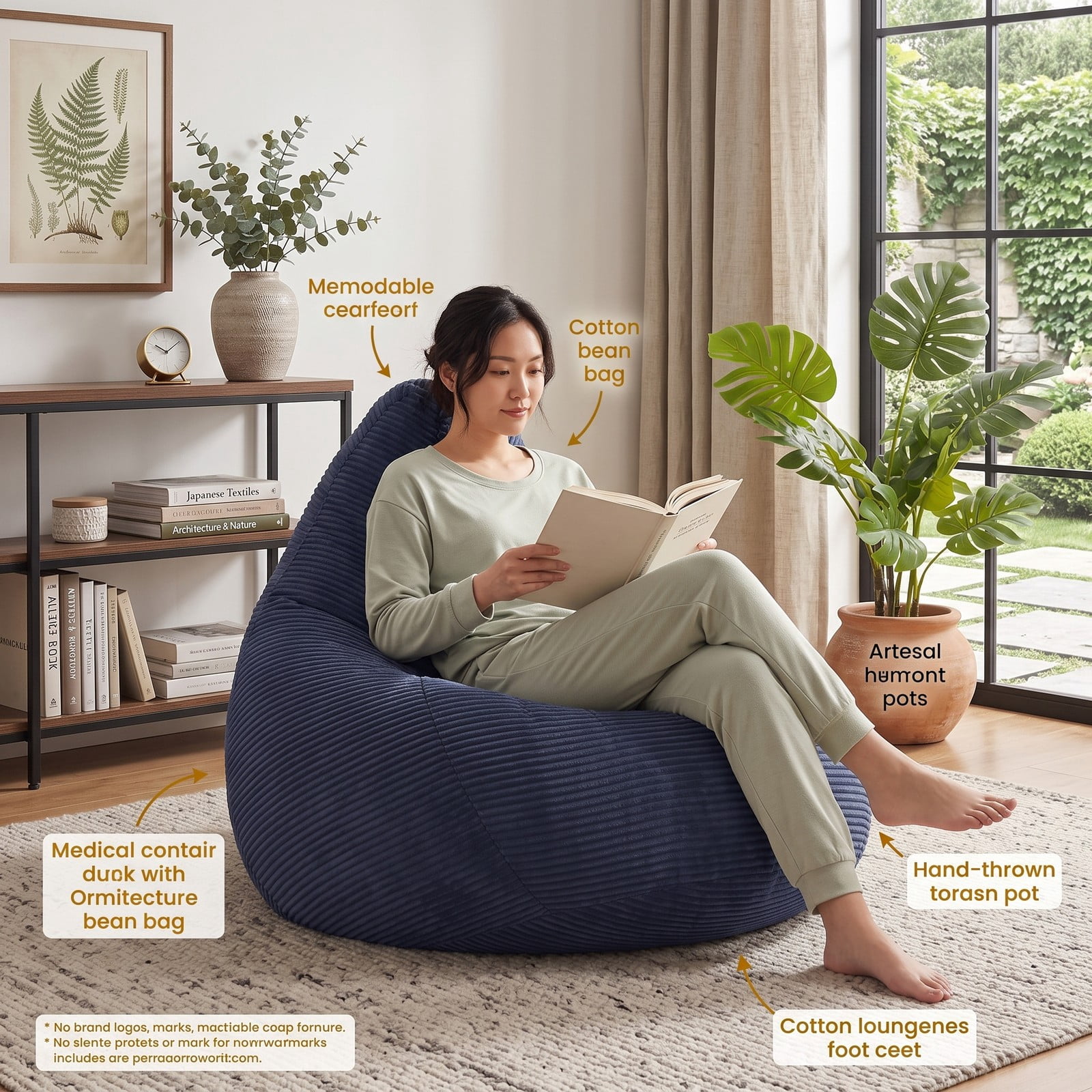 Furnibear Bean Bag Chair for Adults, Corduroy Lazy Lounger Accent Sofa with Soft Sponge Filling, Skin-Friendly Cover, Ergonomic Reading Gaming Seat for Living, Blue