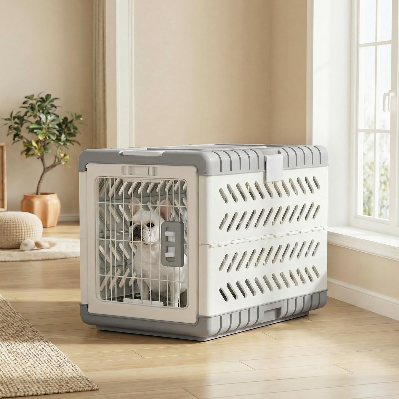 Collapsible Dog Crate For Medium/small Dogs - 28" L Foldable Cage No-tool Assembly  Travel With 2 Wheels Easy To Carry Space-saving Indoor Outdoor Use 27.96"(l) X18.3(w) X20.87(h)