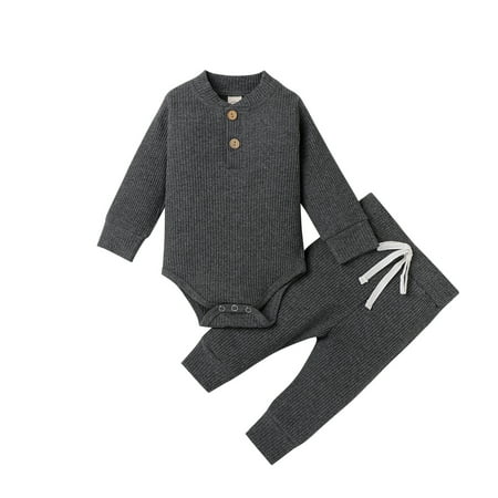 

ZIYIXIN Baby Girl Boy Fall Winter Clothes Solid Long Sleeve Romper Bodysuit Drawstring Pants 2Pcs Ribbed Outfits Dark Gray 12-18 Months