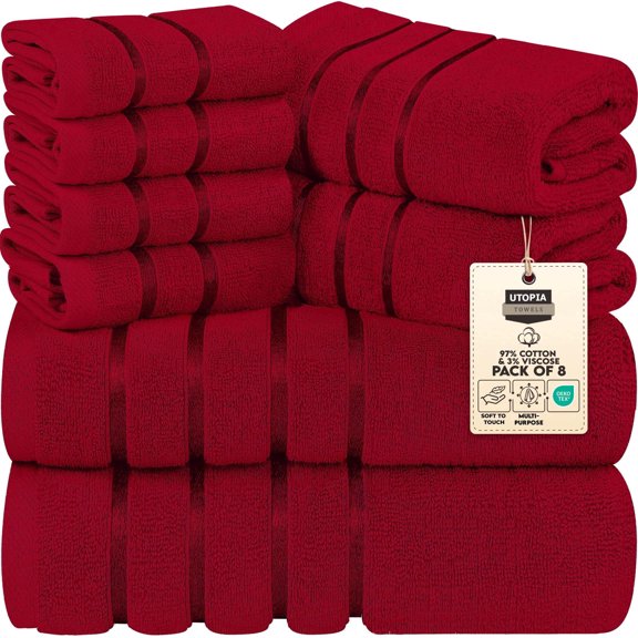 Utopia Towels 8 Piece Luxury Towel Set, 2 Bath, 2 Hand, and 4 Wash Cloths, 600 GSM Ring Spun Cotton, Highly Absorbent Viscose Stripe Towels, Ideal for Everyday use, Red