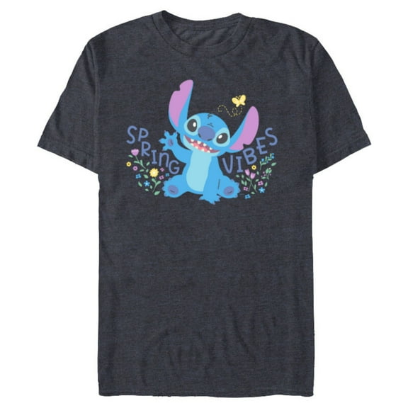 Disney Stitch with Flowers & Butterfly Easter Spring Vibes - Short Sleeve Blended T-Shirt for Adults - Customized-Navy Heather