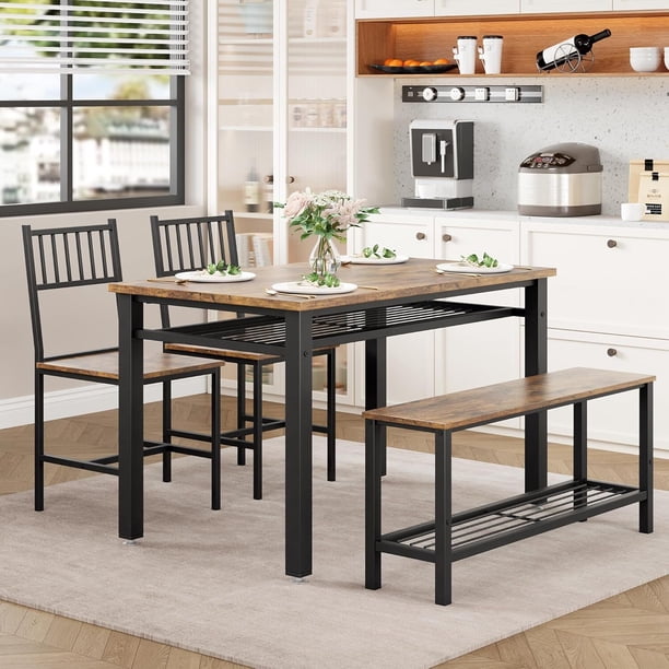 Estilo rural kitchen mesa y sillas set para 4, 47 - pulgada moderno dining mesa bench, sillas, almacenamiento estante, y metal frame; space - saving design dining room, kitchen, y apartment (b...
