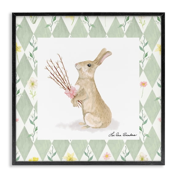 Bouquet Bunny on Green Argyle Black Framed Giclee Art, design by Lee Ann Sanders