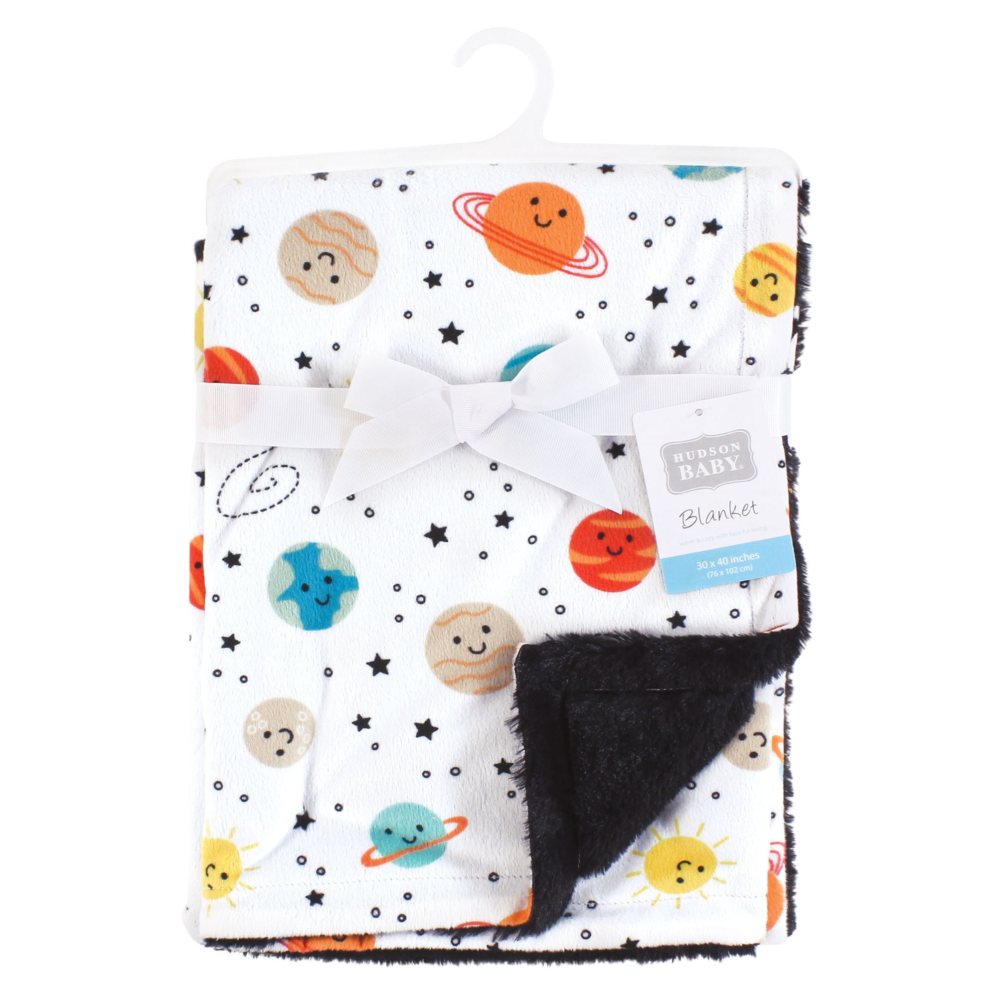 Hudson Baby Plush Blanket with Furry Binding and Back, Happy Planets, One Size