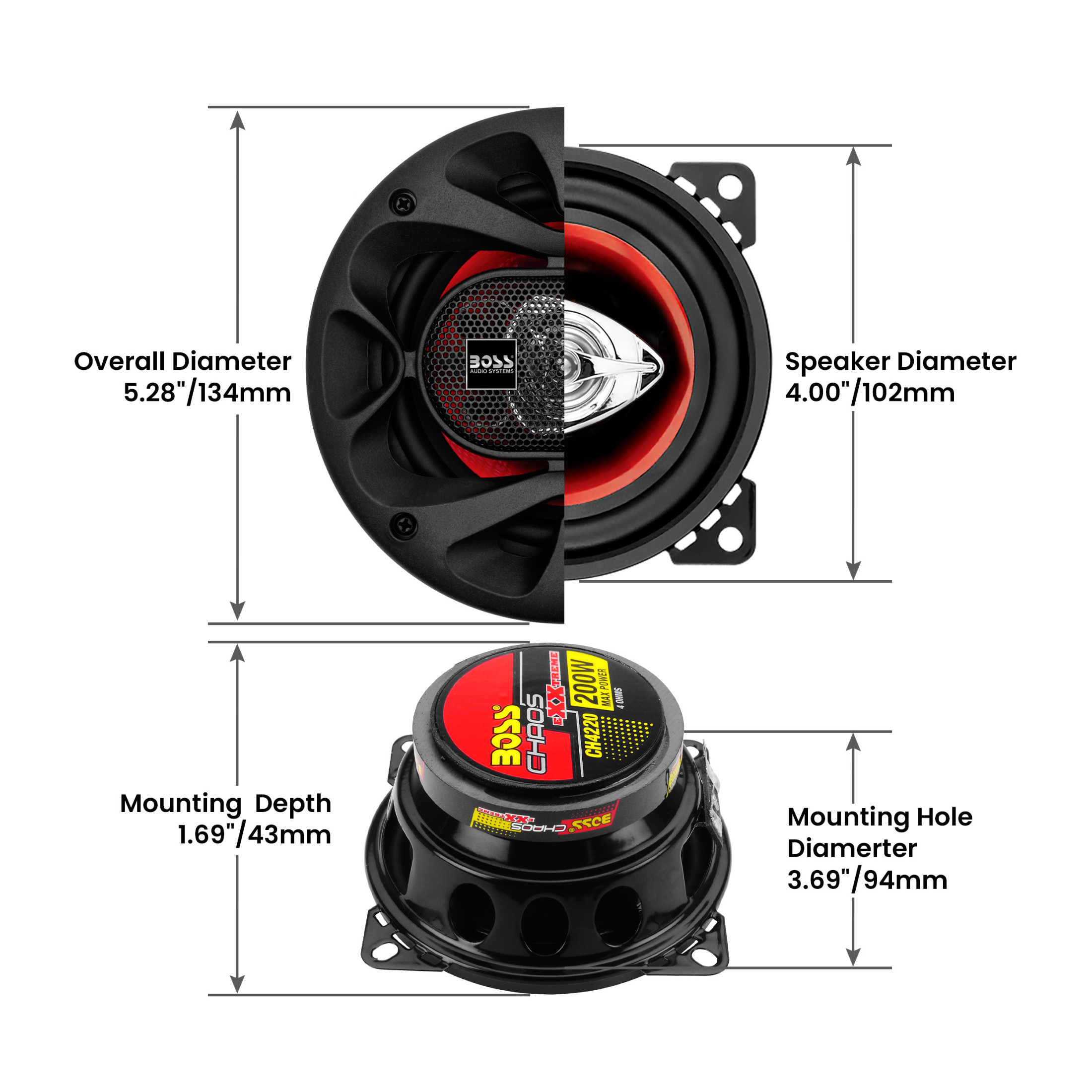 BOSS Audio Systems CH4220 Chaos Series 4 Inch Car Audio Door Speakers - 200 Watts Max, 2 Way, Full Range, Coaxial, Hook Up To Stereo and Amplifier, Tweeters