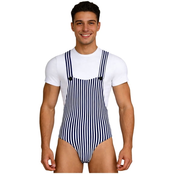 iixpin Mens Overalls-style Striped Bodysuit Nightwear Buttoned Crotch Bodysuit Top Pajamas Shirt Navy Blue XL