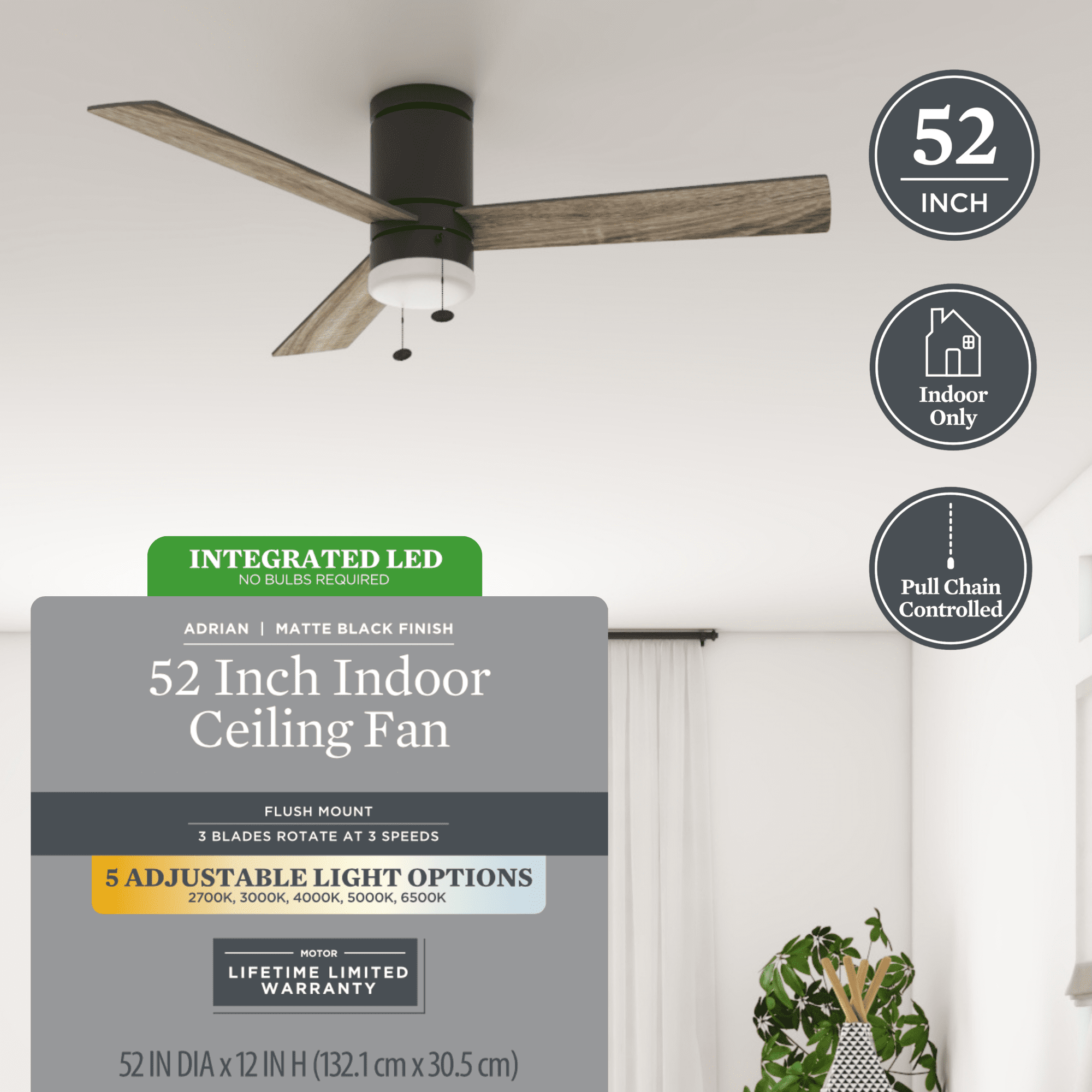 Better Homes & Gardens 52" Black Modern Indoor Flushmount Ceiling Fan with Color Changing Light, Pull Chain Control & Reverse Airflow