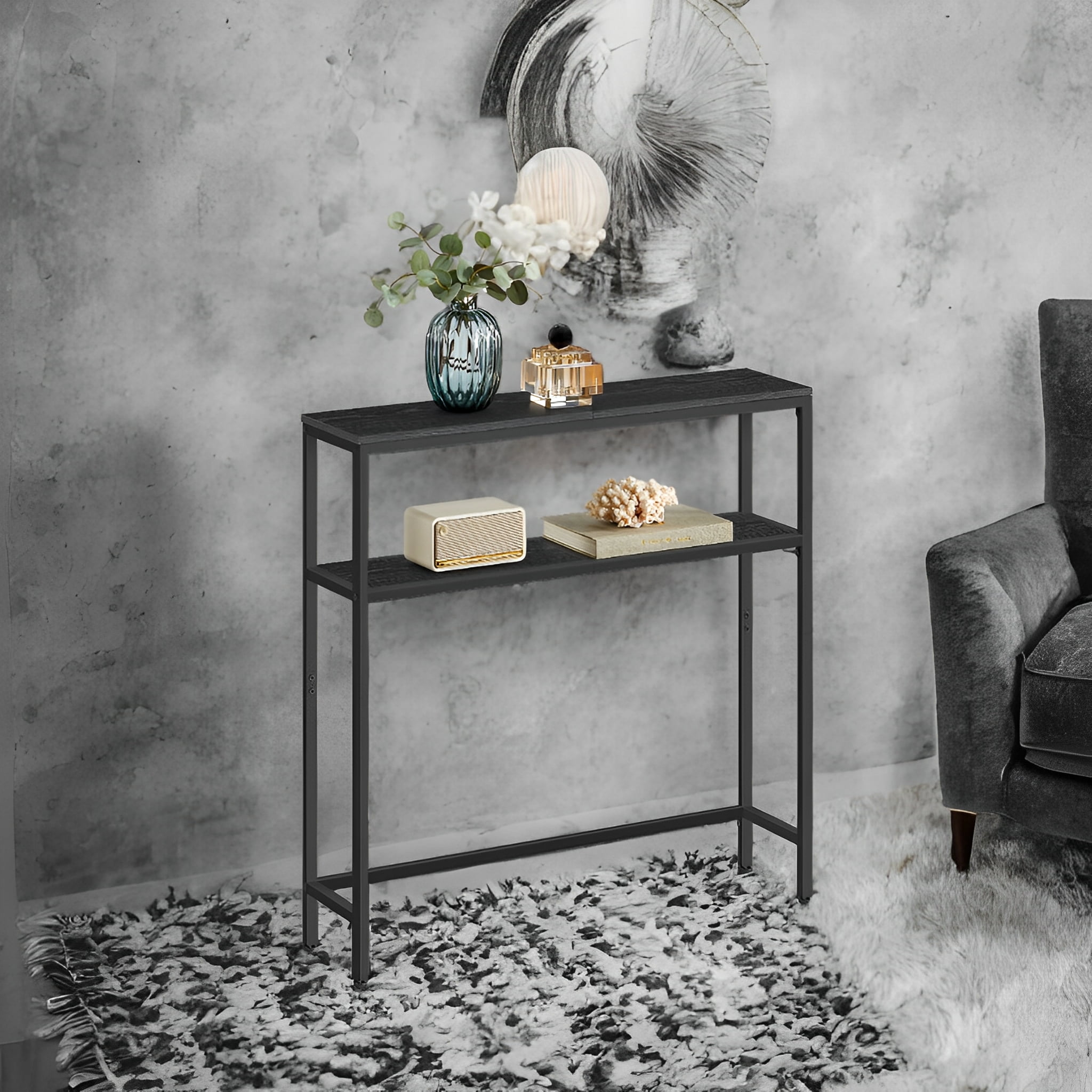 LEDREM 31.5" Modern 2-Tier Console Table, Narrow Sofa Table with Adjustable Feet for Entryway, Living Room, Charcoal Gray and Black