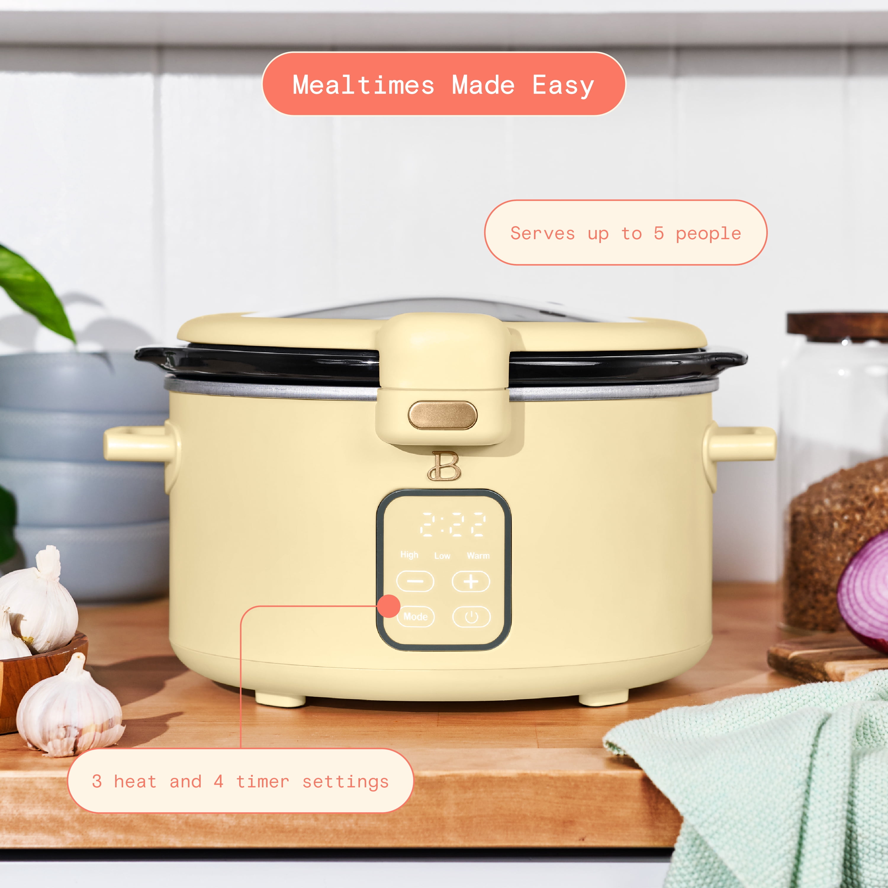 Beautiful 4 Qt Digital Slow Cooker with Hinged Locking Lid, Buttercream by Drew Barrymore