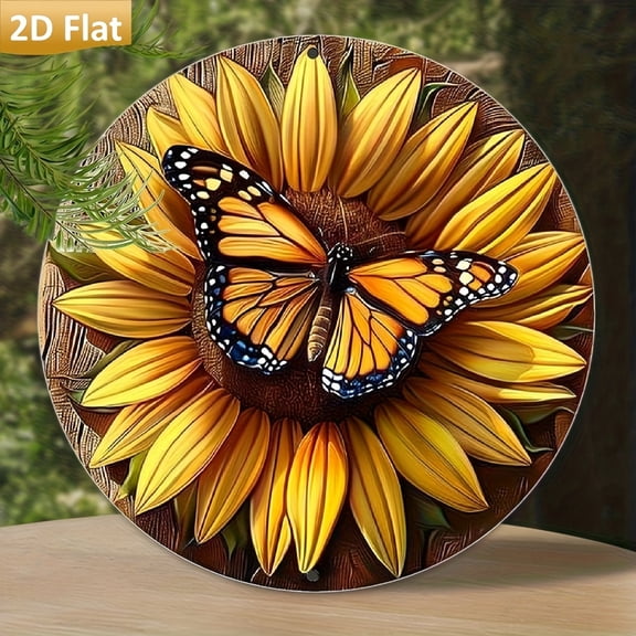 Sunflower Bouquet Round Aluminum Sign - Rustic Farmhouse Black & White Buffalo Plaid Distressed Imitation Wood Wall Decor, 1pc, 8" Wall Art Metal Sign, For Porch, Gardene, Room, Home, 2D Flat