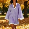 thumbnail image 4 of XuJwPNcy Womens Summer Dresses Long Sleeve Ruffle Hem Mini Dress V Neck Striped Loose Dresses Fashion Casual Outfits, 4 of 7