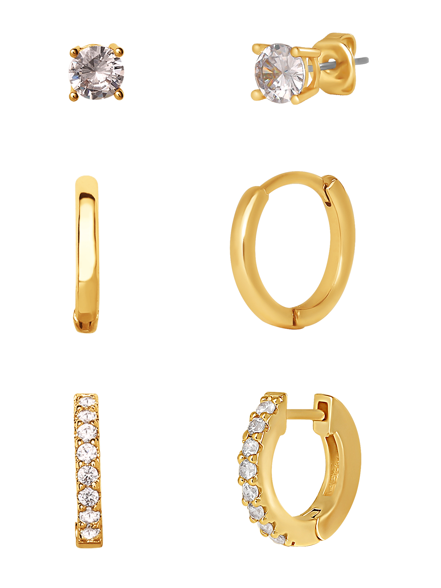 Believe by Brilliance Women's Brass 14kt Gold Flash Plated Cubic Zirconia Stud, Hoop, and Polished Earring Set