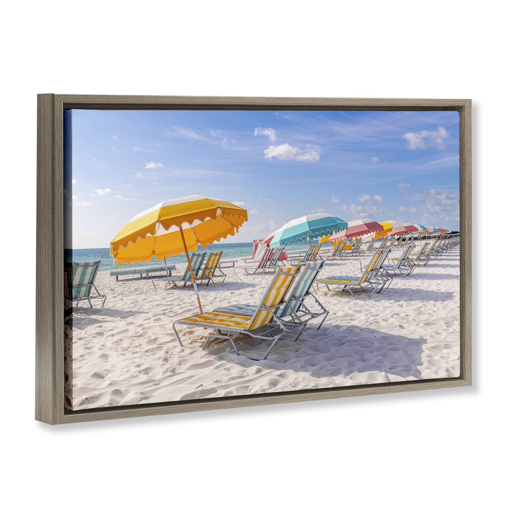 Stupell Industries Striped Umbrellas on Sunny Beach Brown Framed Floater Canvas Wall Art, design by Richard Silver