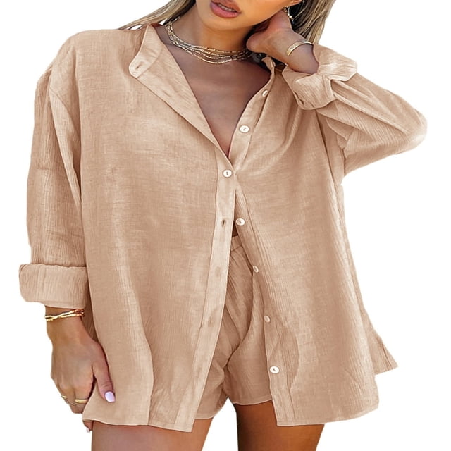 Women Two-piece Pants Suit Solid Color Long Sleeve Blouse and Drawstring Elastic Waist Shorts