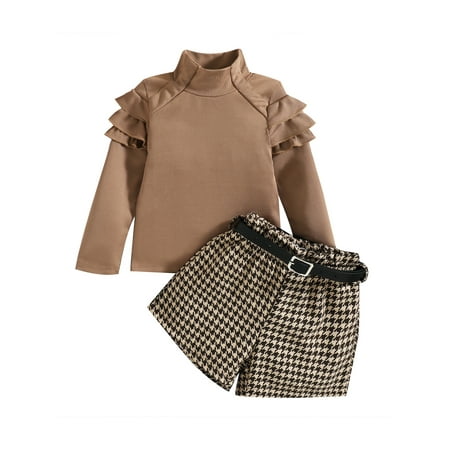 

EYIIYE Toddler Girls Autumn 2Pcs Set Solid Color High Neck Ruffled Long Sleeve Ribbed Pullover + Houndstooth Print Shorts + Belt