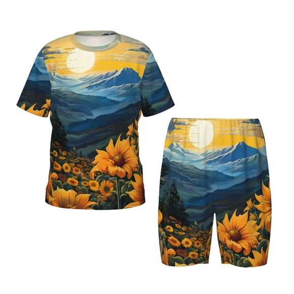 Balery Elegant Sunset Sunflower Conjunto de Pijama Infantil de Manga Corta con Estampado – Ropa de Dormir de Algodón Suave-Small