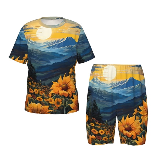 Balery Elegant Sunset Sunflower Conjunto de Pijama Infantil de Manga Corta con Estampado – Ropa de Dormir de Algodón Suave-Small