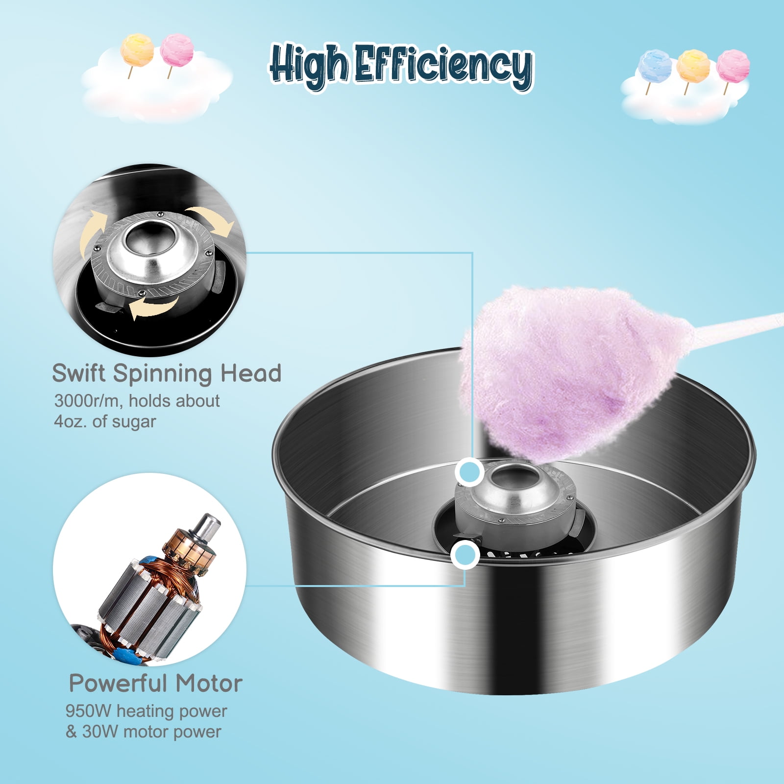 ROVSUN Cotton Candy Machine with Cart Stainless Steel, 21 Inch Electric Cotton Candy Maker Candy Floss Maker w/Sugar Scoop and Large Storage Drawer for Commercial Home Party Carnival, Blue
