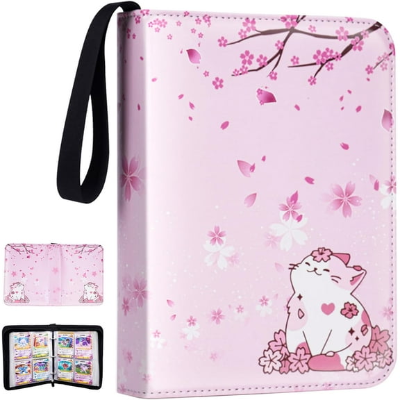 Card Binder for Girls Gifts,440 Cards Collectible Trading Card Holder Case with 55 Sleeves, 4 Pocket for TCG Game Cards Collection Sports Trading Cards Collector Album (Sakura cat)