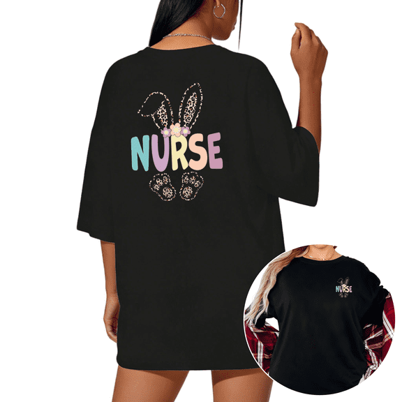 Black Print T-Shirt Graphic Tee S-5XL Stylish Easter Nurse Print Spring Casual Daily Tops