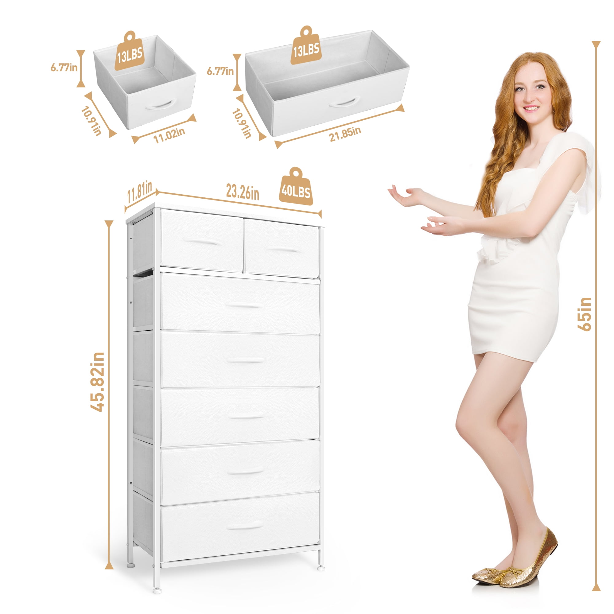 Tall Dresser with 7 Drawers for Bedroom, 5+2 Vertical Storage Organizer Tower, Chest of Drawers with Fabric Bins, Steel Frame, Handle, Wood Top for Home Living Room, Closet, Entryway - White