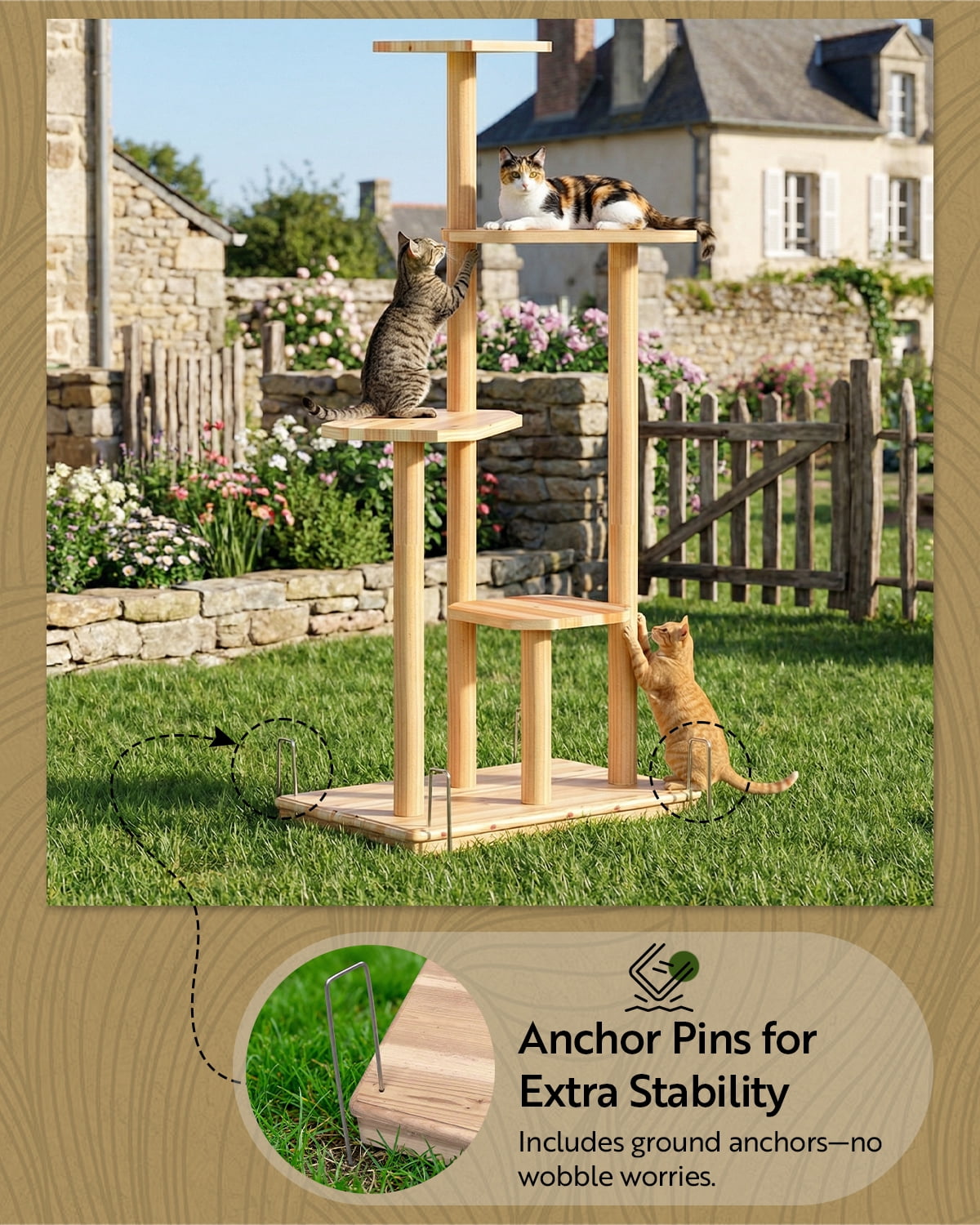 LAZZO 4-Tier Wooden Cat Tree, Multi-Level Cat Tower for Climbing, Resting & Scratching, Natural Wood