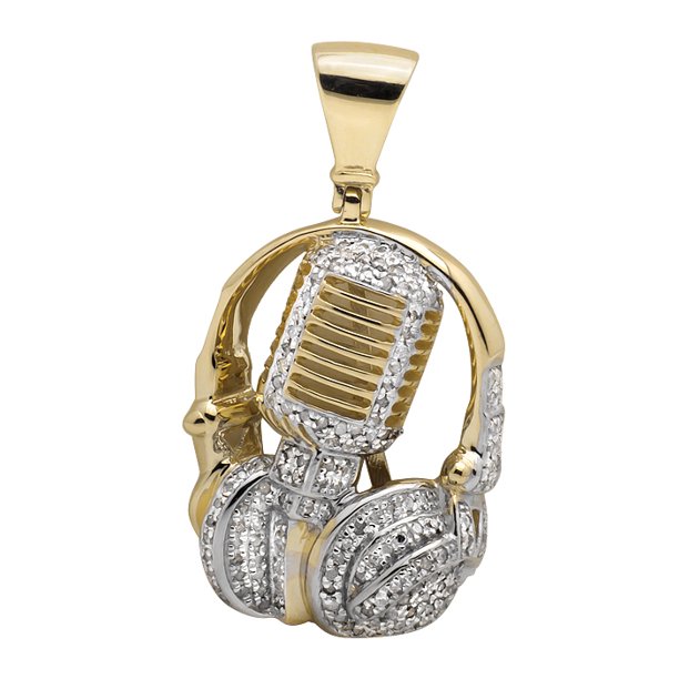 Jewelry Unlimited 10K Yellow Gold 1.5" DJ Headphone and Microphone Diamond Pendant Charm 3/4CT