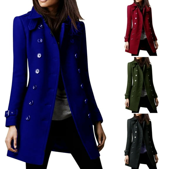 Qetyuw Trench Coat Women Winter Double Breasted Lapel Pea Coat Wool Blend Casual Overcoat with Pockets