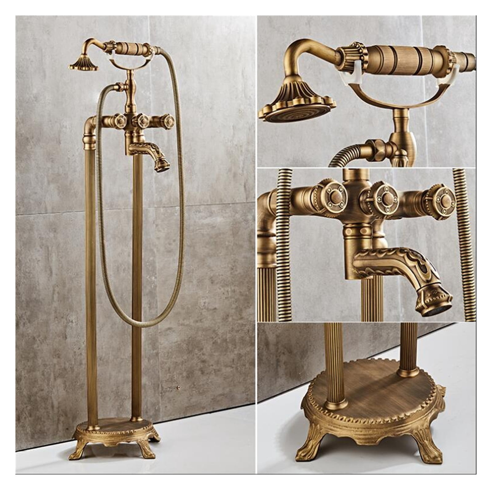 Free standing Carved Bathtub Faucet Tub Filler Fashion Antique Brass Floor Mount with Hand shower Bathtub Mixer Taps