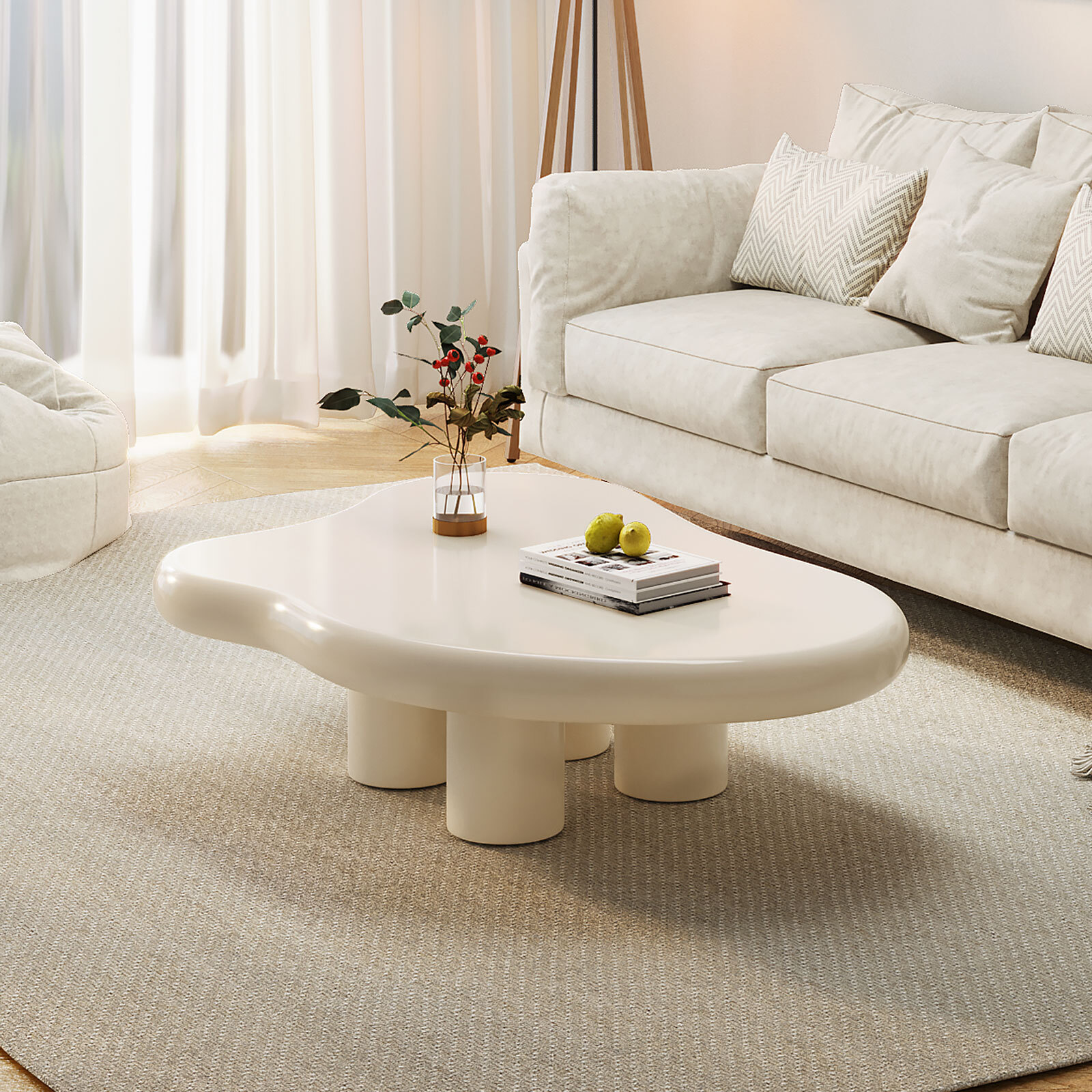Guyii Cloud-Shaped Coffee Table, Modern Wood Center Table for Living Room, Apartment, Cream White