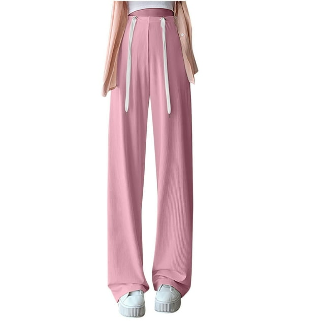 GigrtiJin Womens Lounge Long Pants Solid Color Ribbed High Waisted Adjustable Drawstring Wide Leg Pregnant Baggy Long Pants