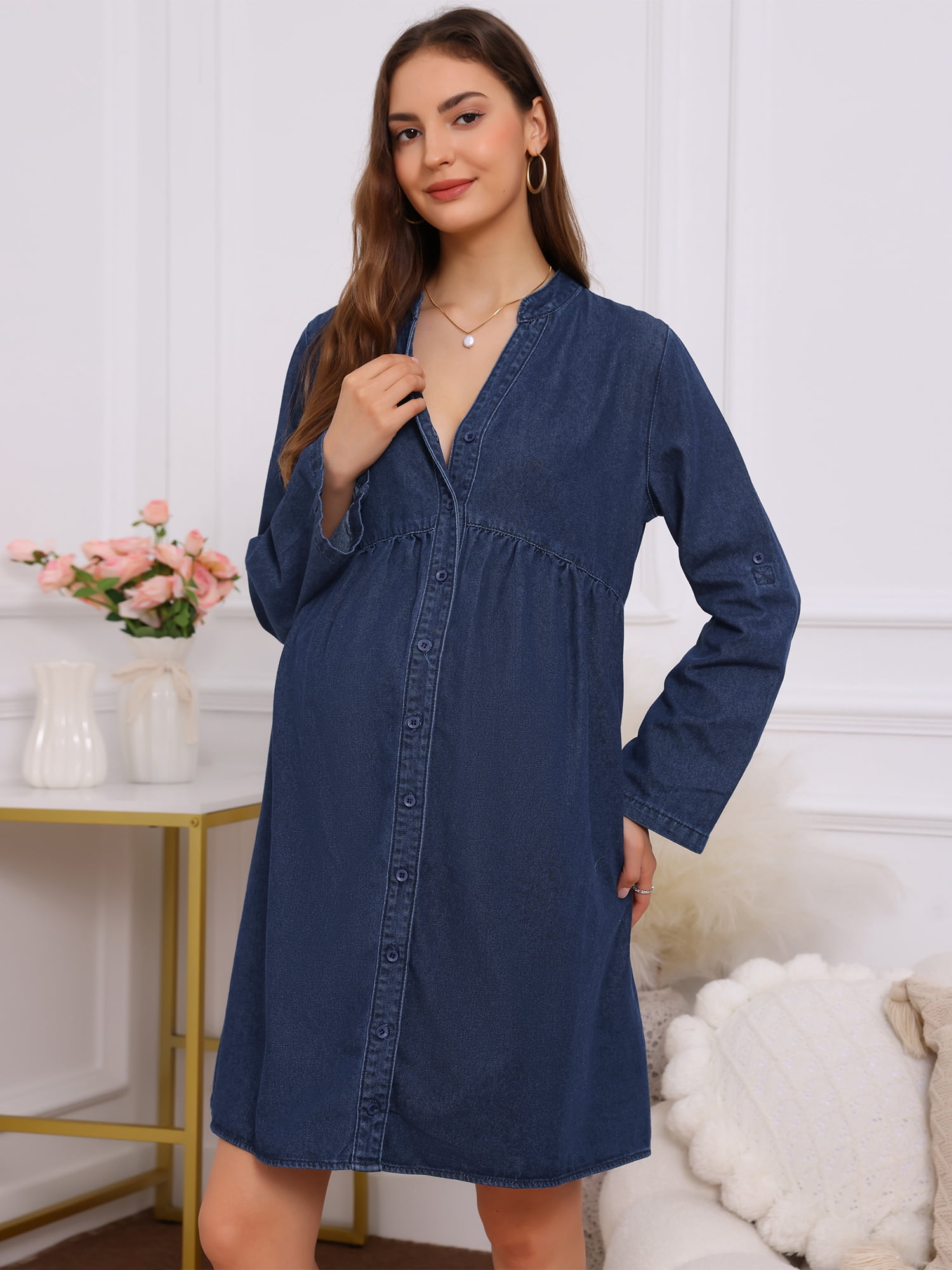 DARING DIVA Women's Maternity Denim Dress Long Sleeve Babydoll Nursing Dress 2XL Deep Blue
