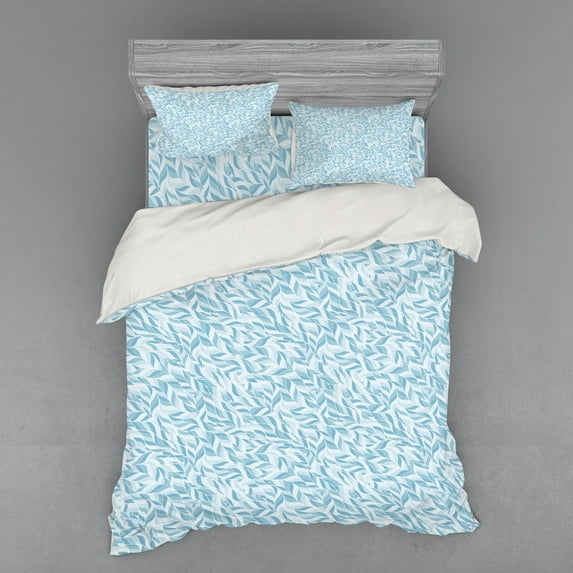 Ambesonne Leaves Bedding Set 4 Pcs, Nature Growth Vintage, Queen, Pale Blue Blue