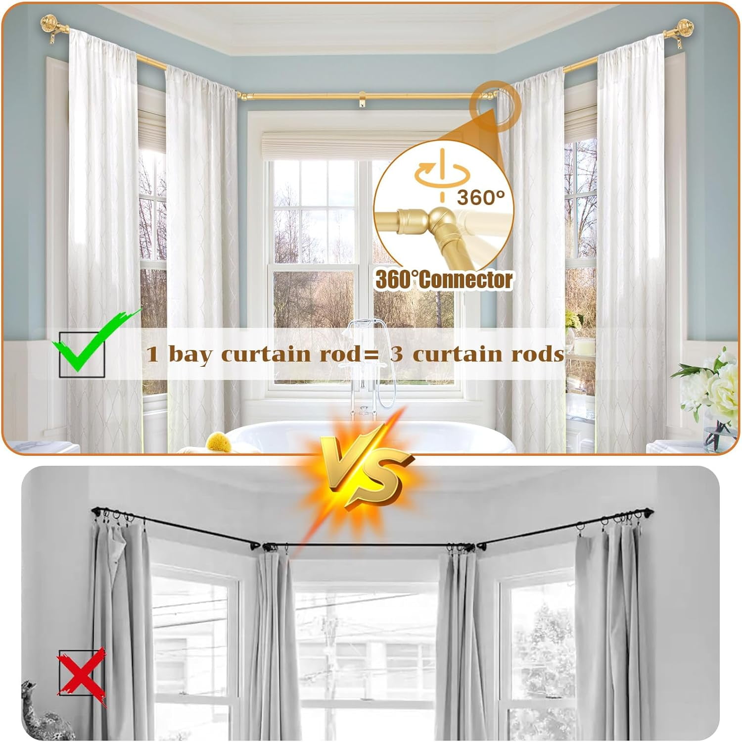 Bay Window Curtain Rods,  Gold Curtain Rods for Bay windows 32 to 86 Inch (Center Rod), 32 to 58 Inch Side Rod for windows, Decorative Drapery Rods with Bling Finials