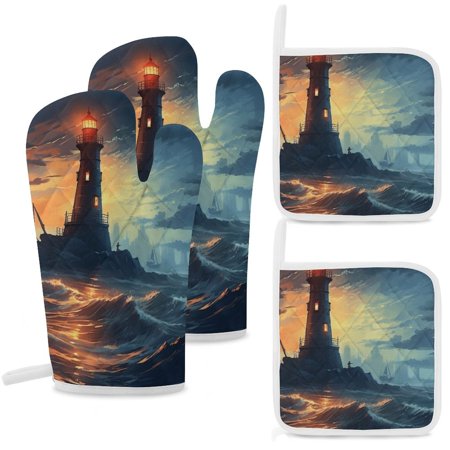 

Ocean Lighthouse Oven Mitts And Pot Holders Sets of 4 Oven Gloves Set Potholders for Kitchen Cooking Baking Grilling Anti Scald Hot Pads And Heat Resistant