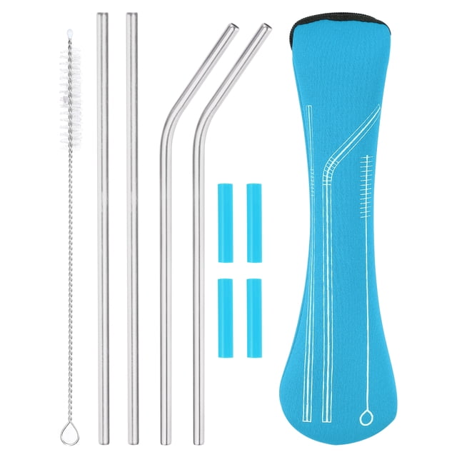 4 piezas de popotes de acero inoxidable con puntas de silicona rectas, cepillo limpiador, estuche de viaje, plata/azul cielo
