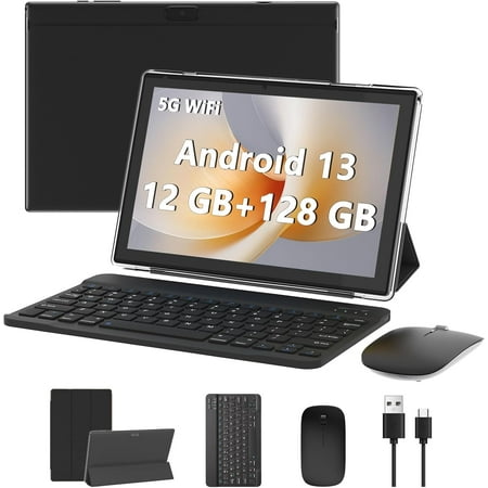 Android 13 Tablet 10 Inch, 12GB RAM+128GB ROM/2TB Expandable Tablet, 2 in 1 Tablets with Keyboard Case Mouse Stylus, 2.0GHz Quad-core CPU, 1280*800 IPS HD Screen, 5G WiFi6 BT 5.0, 8MP Camera Tablet