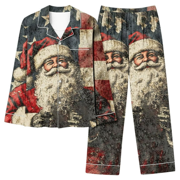 Dreluolixuan Couples Christmas Pajamas Set Long Sleeve CollarButton Down Soft Top Wide Leg Elastic Waist Pants Santa Claus His and Hers Loungewear with Pocket