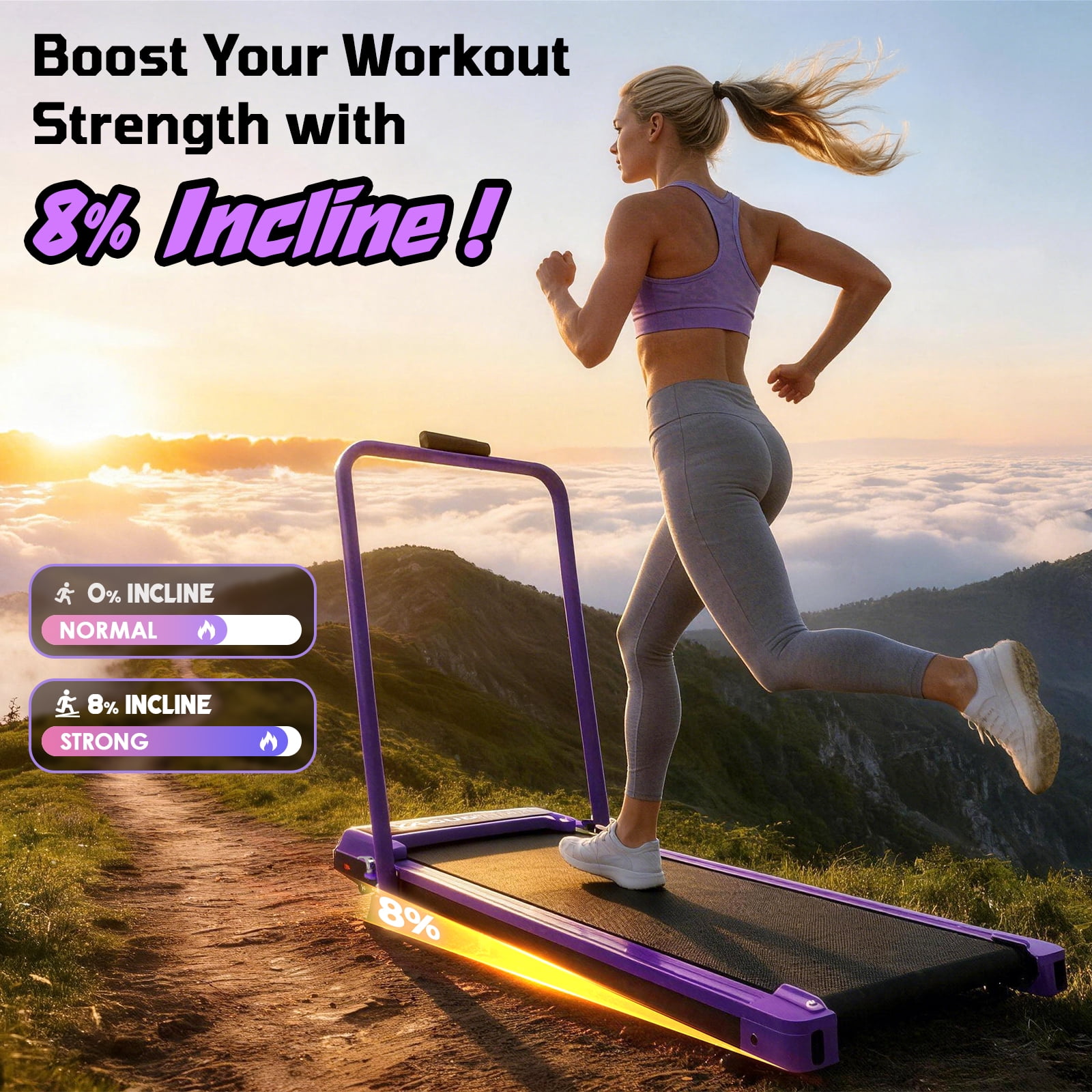 Yagud Walking Pad Treadmill with Handle Bar and Adjustable Incline, 3.8HP Portable Electric Treadmills with Wheels for Home, Home Treadmills with Incline, 0.5-3.8MPH, Purple
