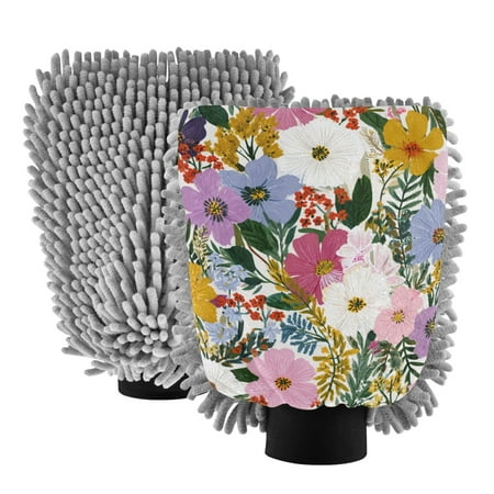 Microfiber Car Wash Gloves With Chenille & Polyester Terry Scratch-Free Cleaning Elastic Cuffs Colorful Hand Drawn Flowers