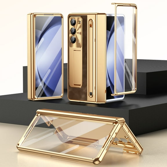 Dteck for Samsung Galaxy Z Fold 6 Phone Case with S Pen Holder & Stylus, Full Body Hinge Protection Leather with Plating PC Cover with Screen Protector, Kickstand for Galaxy Z Fold 6,Gold Brown