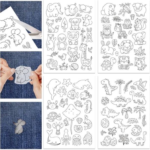 4 hojas de estabilizadores solubles en agua con dibujos de animales para coser a mano, con adhesivo preimpreso y puntada, fáciles de lavar.