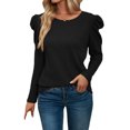 thumbnail image 1 of Bellella Chandail Basique pour Femmes Col Rond en Maille Gaufrée Automne T-Shirt à Volants Noir P, 1 of 3
