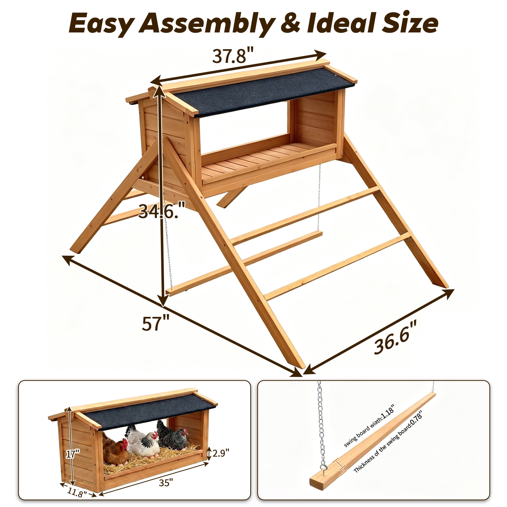 Wooden Chicken Nesting Box with Asphalt Roof, Perch and Swing, Waterproof Poultry Nesting House for Chicken Coop