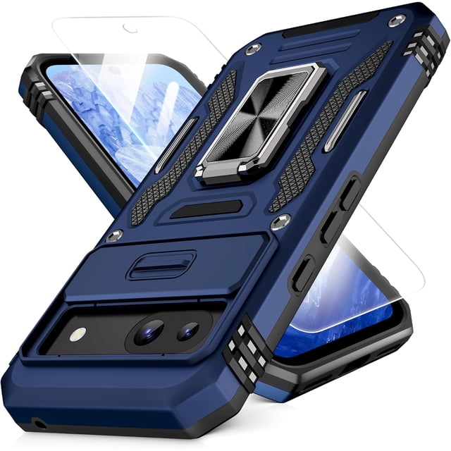 Tianle for Google Pixel 8A Case with Slide Camera Cover+Screen Protector(1 Pack), 360° Rotated Ring Kickstand Military Grade Shockproof Heavy Duty Protective Cover, Navy Blue