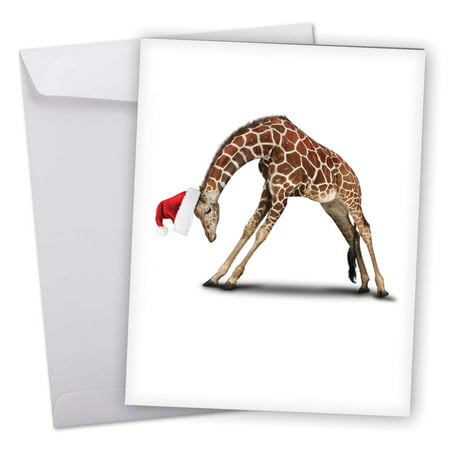 J6547BXSG Large Merry Christmas Card: 'Yuletide Zoo Yoga' Featuring a Flexible Giraffe Practicing a Yoga Pose While Wearing a Christmas Hat Greeting Card with Envelope by The Best Card