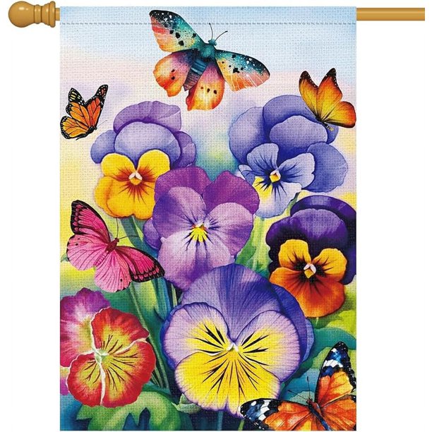 Bandera de jardín de bienvenida a la primavera, 71 x 101 cm, doble cara, vertical, de arpillera, diseño de mariposas, pensamientos florales, para jardín, patio, casa, exterior, decoración de